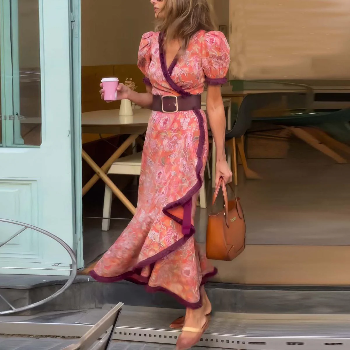 Quinn™ | Robe Maxi Rose Élegante à Manches Courtes